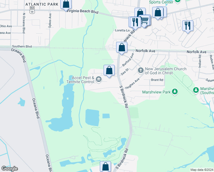 map of restaurants, bars, coffee shops, grocery stores, and more near 1132 Beautiful Street in Virginia Beach