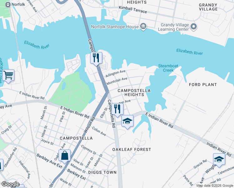 map of restaurants, bars, coffee shops, grocery stores, and more near 1715 Springfield Avenue in Norfolk