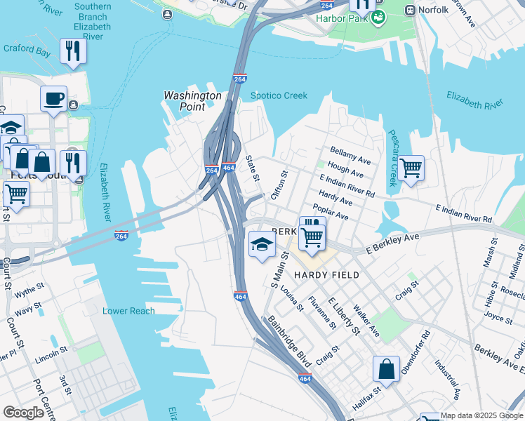 map of restaurants, bars, coffee shops, grocery stores, and more near 535 State Street in Norfolk