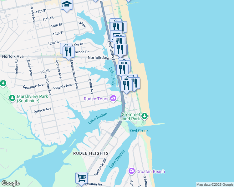map of restaurants, bars, coffee shops, grocery stores, and more near 500 Pacific Avenue in Virginia Beach