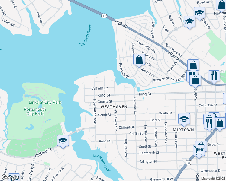 map of restaurants, bars, coffee shops, grocery stores, and more near 4500 Valhalla Drive in Portsmouth