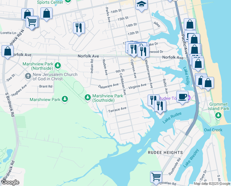 map of restaurants, bars, coffee shops, grocery stores, and more near 820 Virginia Avenue in Virginia Beach