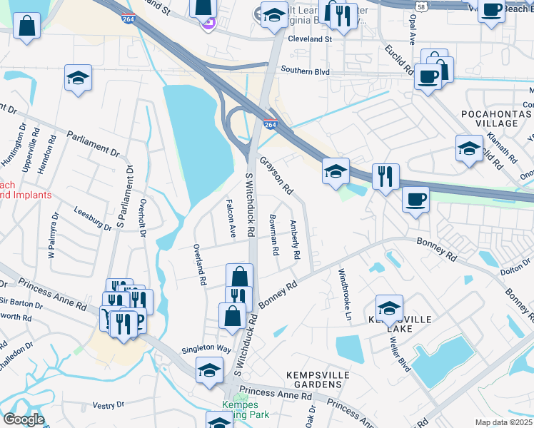 map of restaurants, bars, coffee shops, grocery stores, and more near 241 Bowman Road in Virginia Beach