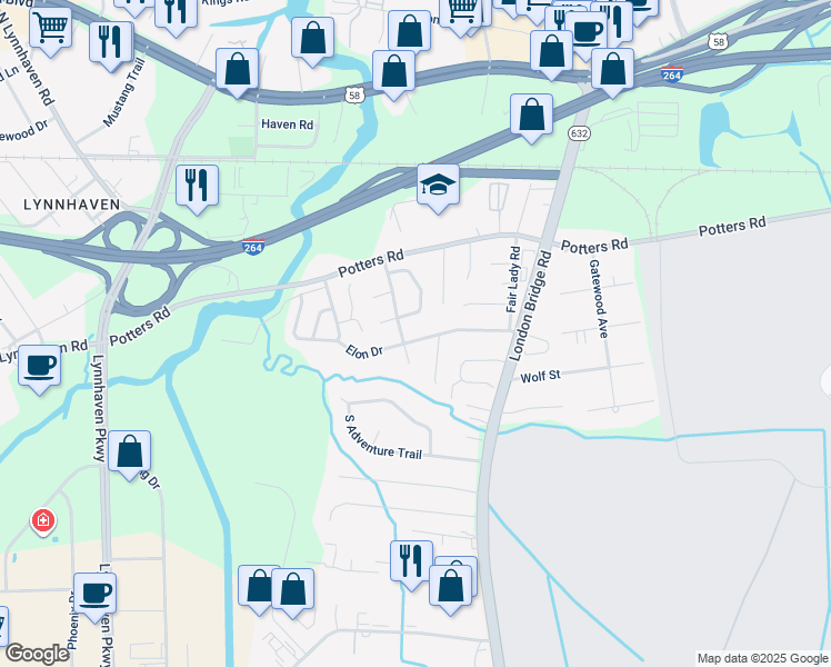 map of restaurants, bars, coffee shops, grocery stores, and more near 2476 Elon Drive in Virginia Beach