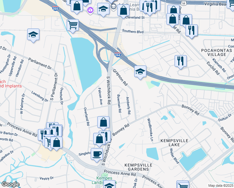 map of restaurants, bars, coffee shops, grocery stores, and more near 241 Bowman Road in Virginia Beach