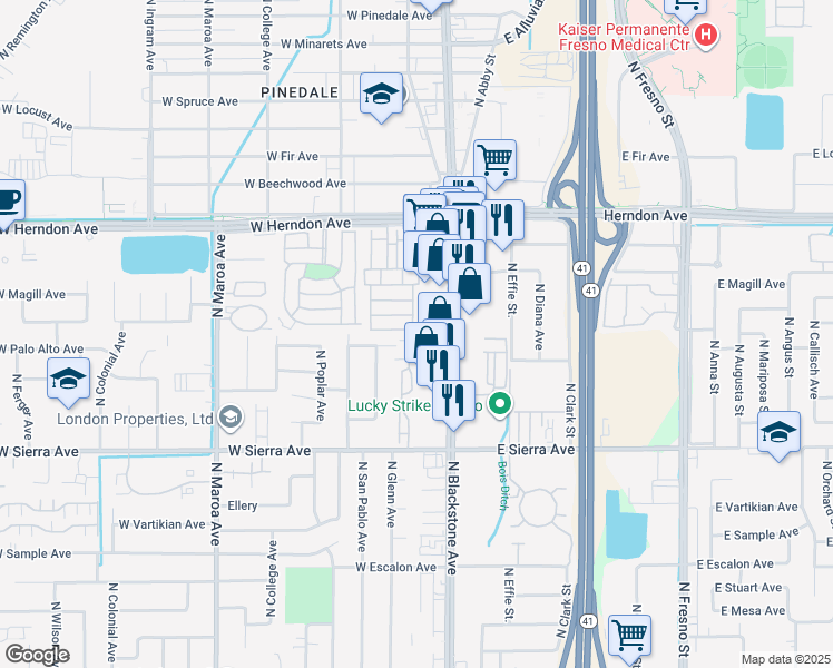 map of restaurants, bars, coffee shops, grocery stores, and more near 37 Balboa Drive in Fresno