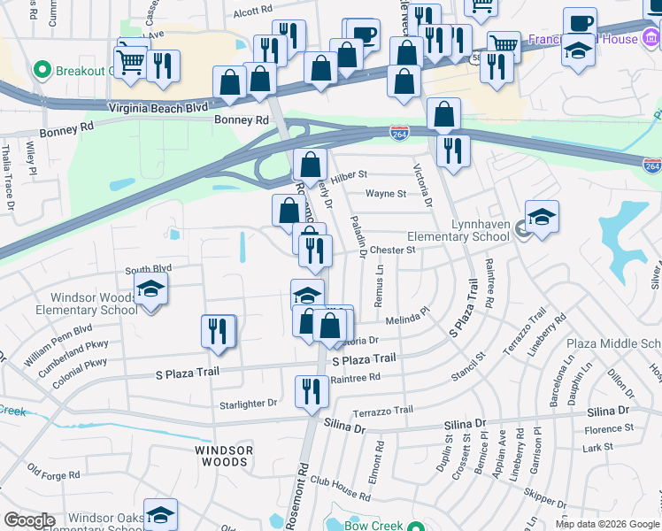 map of restaurants, bars, coffee shops, grocery stores, and more near 200 South Rosemont Road in Virginia Beach