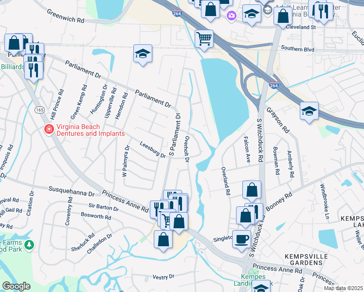map of restaurants, bars, coffee shops, grocery stores, and more near 240 South Parliament Drive in Virginia Beach
