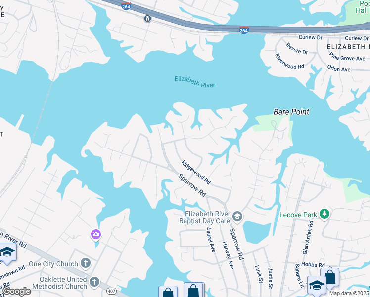 map of restaurants, bars, coffee shops, grocery stores, and more near 116 Goldcrest Drive in Chesapeake
