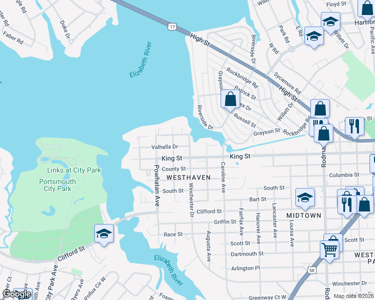 map of restaurants, bars, coffee shops, grocery stores, and more near 4500 Valhalla Drive in Portsmouth