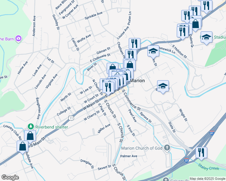 map of restaurants, bars, coffee shops, grocery stores, and more near 121-199 East North Street in Marion