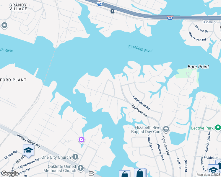 map of restaurants, bars, coffee shops, grocery stores, and more near 109 Rollingswood Court in Chesapeake