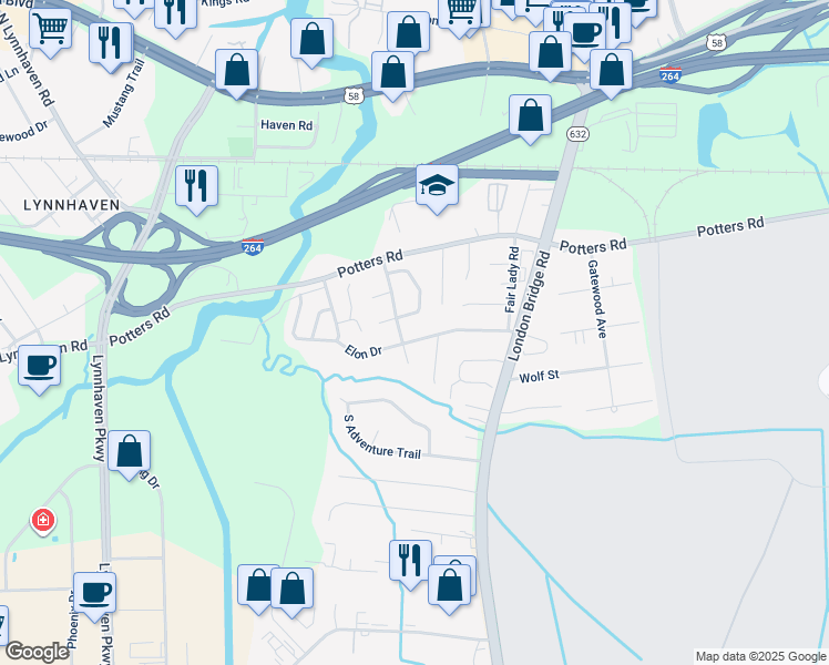 map of restaurants, bars, coffee shops, grocery stores, and more near 2476 Elon Drive in Virginia Beach