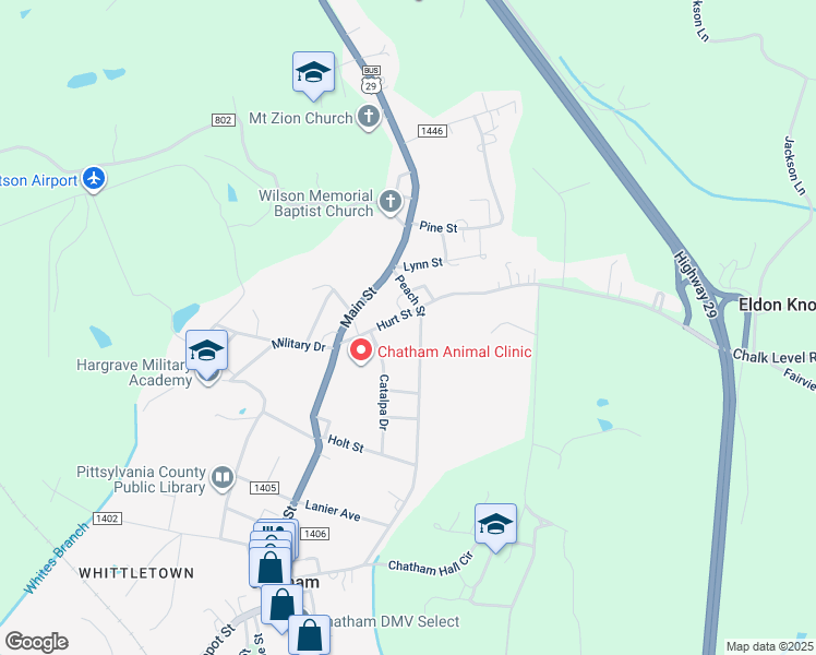 map of restaurants, bars, coffee shops, grocery stores, and more near 181 Hurt Street in Chatham