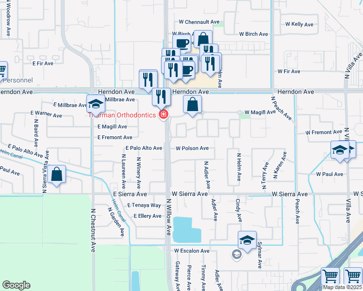 map of restaurants, bars, coffee shops, grocery stores, and more near 777 West Polson Avenue in Clovis