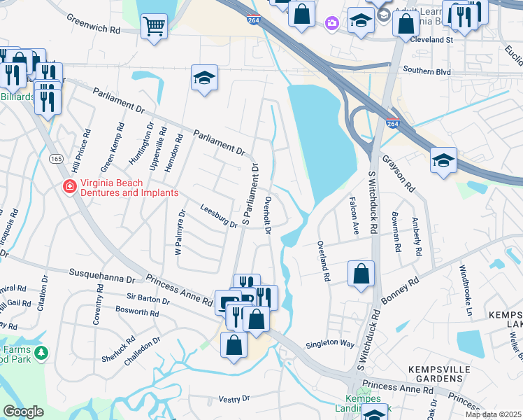 map of restaurants, bars, coffee shops, grocery stores, and more near 240 South Parliament Drive in Virginia Beach