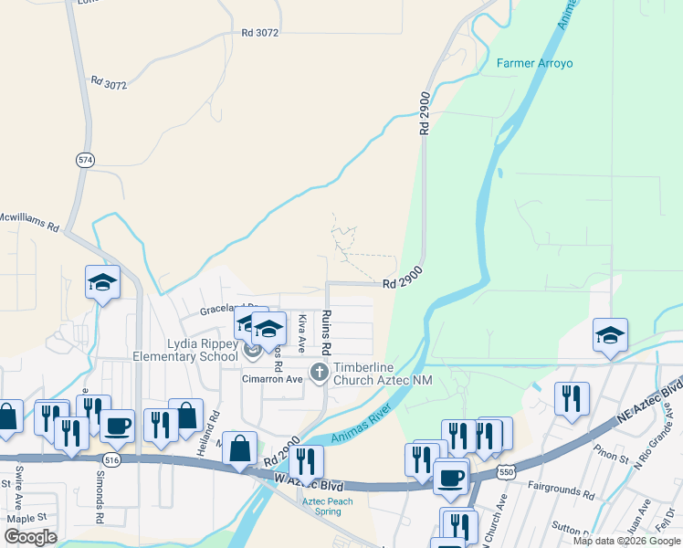 map of restaurants, bars, coffee shops, grocery stores, and more near 70 Road 2900 in Aztec