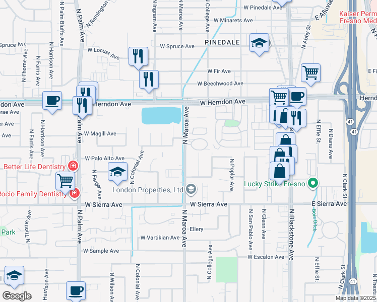 map of restaurants, bars, coffee shops, grocery stores, and more near 6600 North Maroa Avenue in Fresno