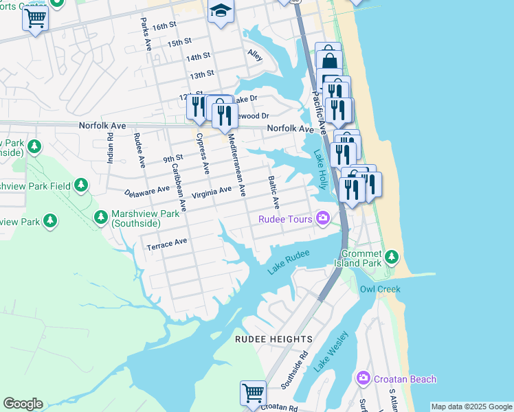 map of restaurants, bars, coffee shops, grocery stores, and more near 529 High Point Avenue in Virginia Beach