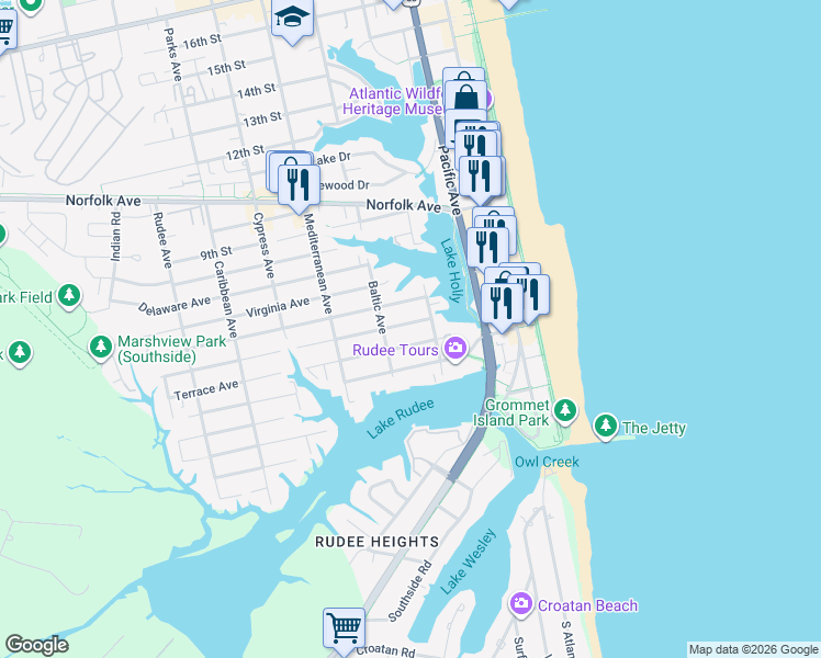map of restaurants, bars, coffee shops, grocery stores, and more near 409 High Point Avenue in Virginia Beach