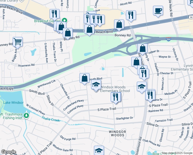 map of restaurants, bars, coffee shops, grocery stores, and more near 3749 Spruce Circle in Virginia Beach