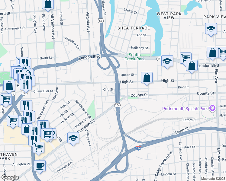 map of restaurants, bars, coffee shops, grocery stores, and more near 2208 King Street in Portsmouth