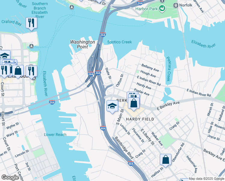 map of restaurants, bars, coffee shops, grocery stores, and more near 535 State Street in Norfolk