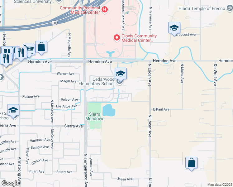 map of restaurants, bars, coffee shops, grocery stores, and more near 2851 Palo Alto Avenue in Clovis