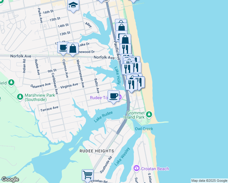map of restaurants, bars, coffee shops, grocery stores, and more near 209 Winston Salem Avenue in Virginia Beach