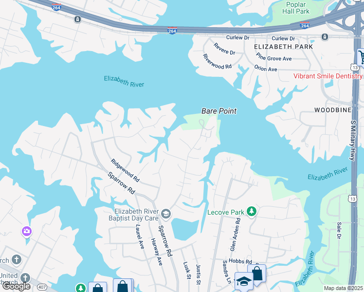 map of restaurants, bars, coffee shops, grocery stores, and more near 6605 Pinewood Court in Virginia Beach