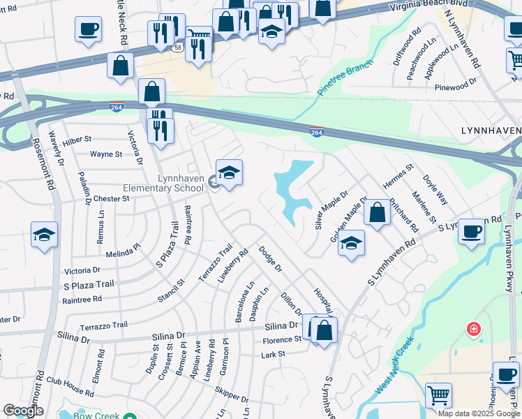 map of restaurants, bars, coffee shops, grocery stores, and more near 376 Golden Maple Drive in Virginia Beach