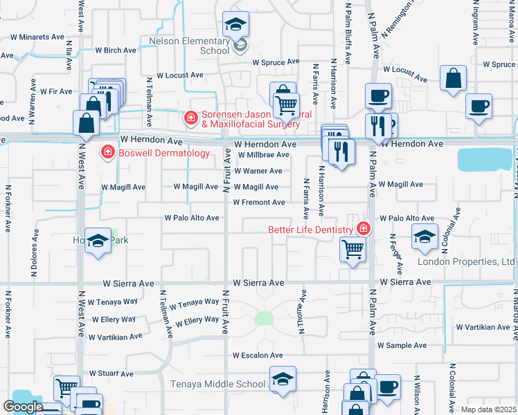 map of restaurants, bars, coffee shops, grocery stores, and more near 1309 West Fremont Avenue in Fresno