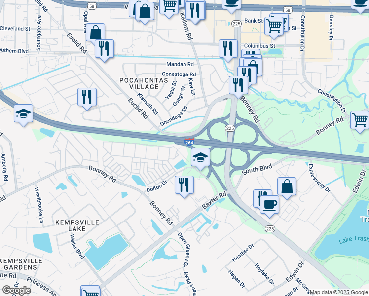 map of restaurants, bars, coffee shops, grocery stores, and more near 508 Griffin Lane in Virginia Beach