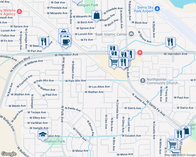 map of restaurants, bars, coffee shops, grocery stores, and more near 5127 West Fremont Avenue in Fresno