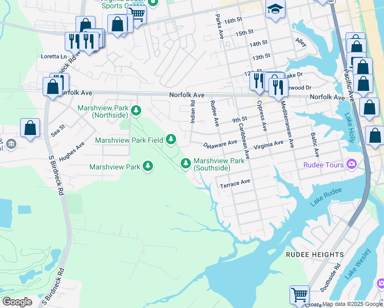 map of restaurants, bars, coffee shops, grocery stores, and more near 815 Virginia Court in Virginia Beach