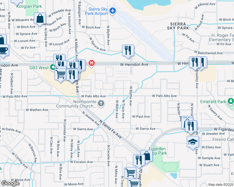 map of restaurants, bars, coffee shops, grocery stores, and more near 4512 West Palo Alto Avenue in Fresno
