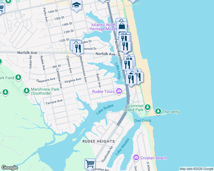 map of restaurants, bars, coffee shops, grocery stores, and more near 409 High Point Avenue in Virginia Beach
