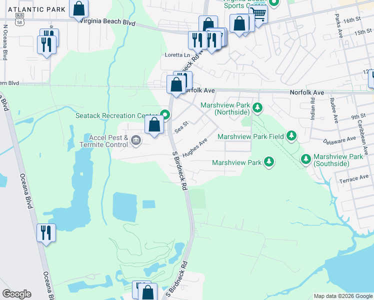 map of restaurants, bars, coffee shops, grocery stores, and more near 169 Hughes Avenue in Virginia Beach