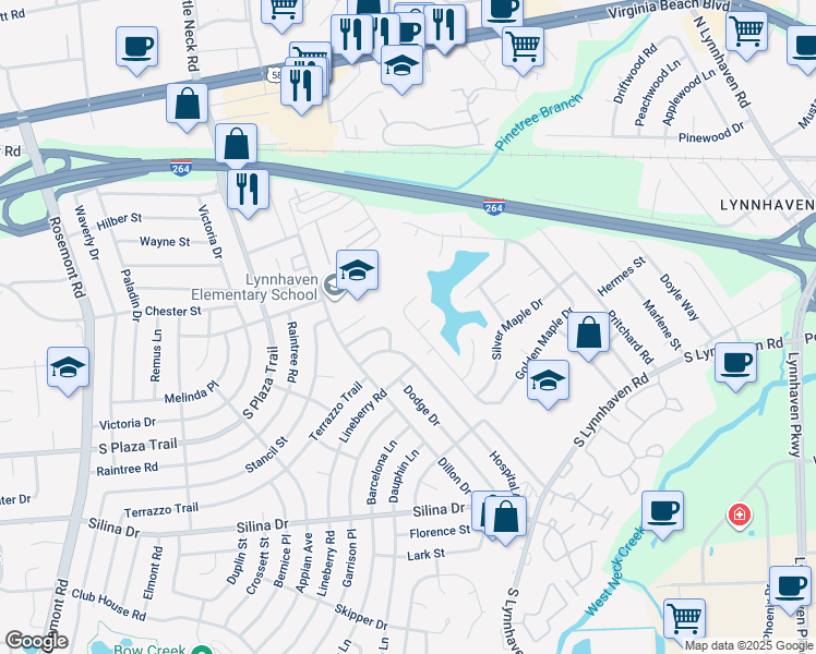 map of restaurants, bars, coffee shops, grocery stores, and more near 376 Golden Maple Drive in Virginia Beach