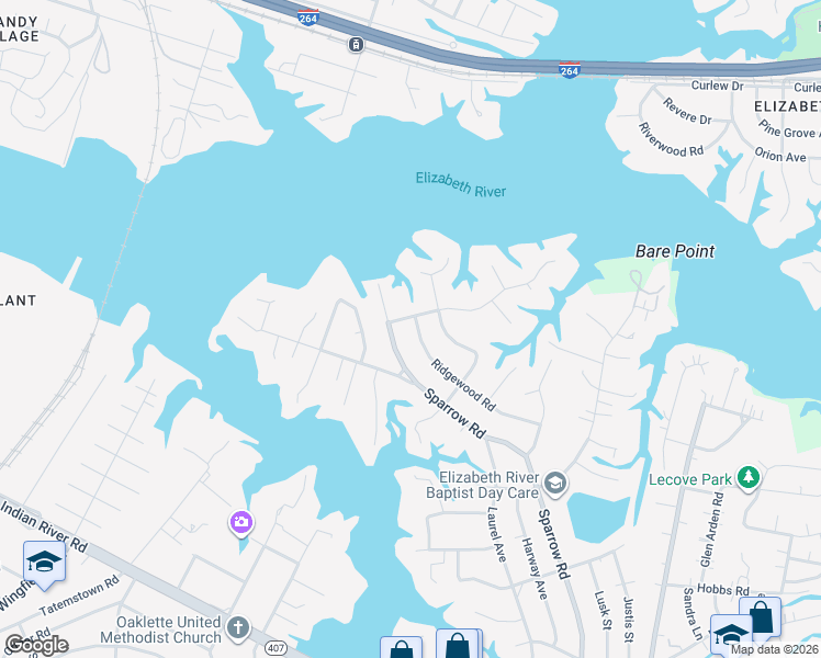 map of restaurants, bars, coffee shops, grocery stores, and more near 111 Ridgewood Road in Chesapeake