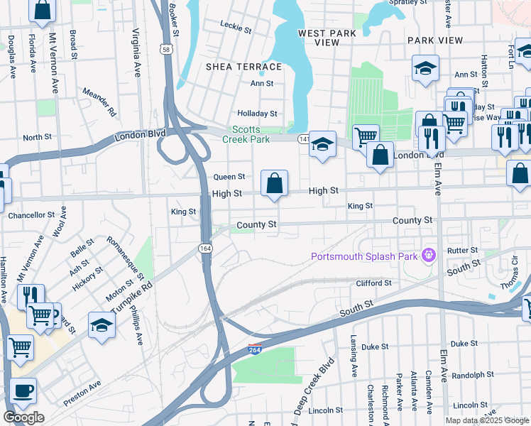 map of restaurants, bars, coffee shops, grocery stores, and more near 1907 King Street in Portsmouth
