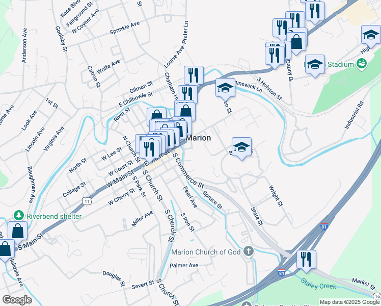 map of restaurants, bars, coffee shops, grocery stores, and more near 107 Pendleton Street in Marion