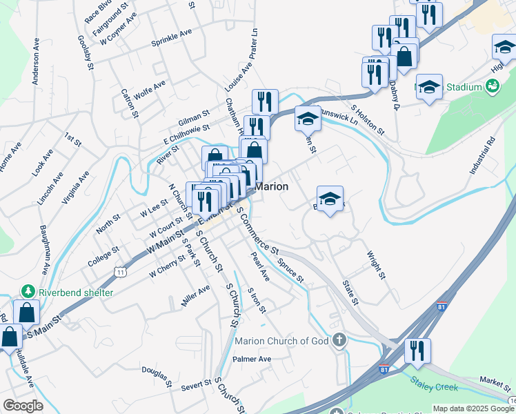 map of restaurants, bars, coffee shops, grocery stores, and more near 107 Pendleton Street in Marion