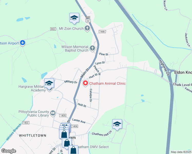 map of restaurants, bars, coffee shops, grocery stores, and more near 181 Hurt Street in Chatham