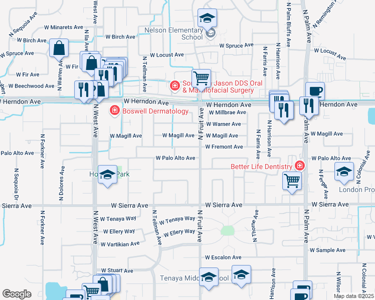 map of restaurants, bars, coffee shops, grocery stores, and more near 1449 West Fremont Avenue in Fresno