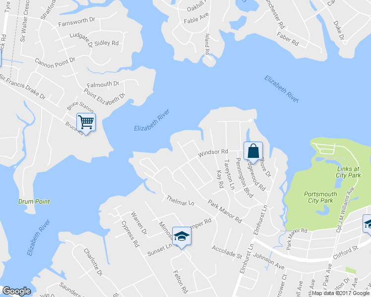 map of restaurants, bars, coffee shops, grocery stores, and more near 504 Poplar Lane in Portsmouth