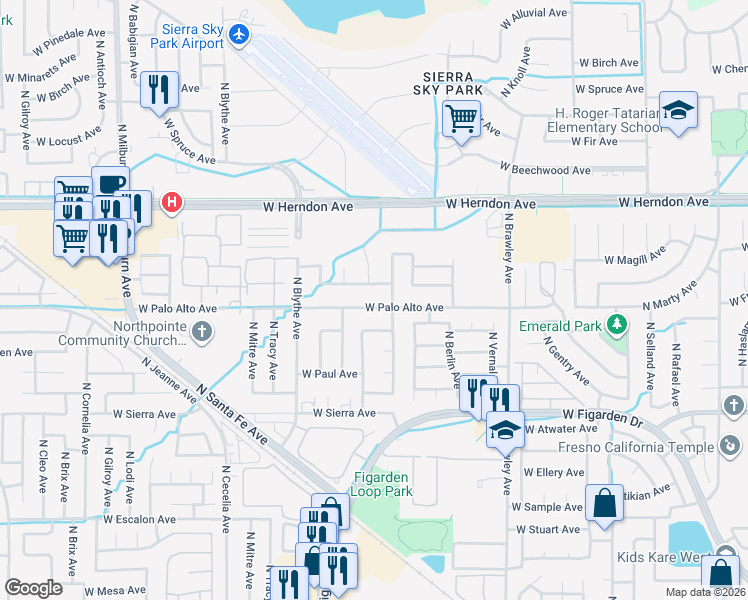 map of restaurants, bars, coffee shops, grocery stores, and more near 4244 West Palo Alto Avenue in Fresno