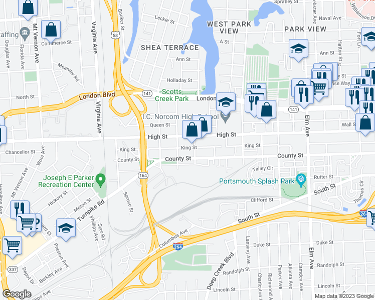 map of restaurants, bars, coffee shops, grocery stores, and more near 1907 King Street in Portsmouth