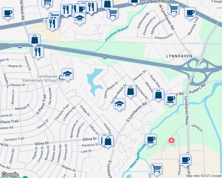 map of restaurants, bars, coffee shops, grocery stores, and more near 3041 Silver Maple Drive in Virginia Beach
