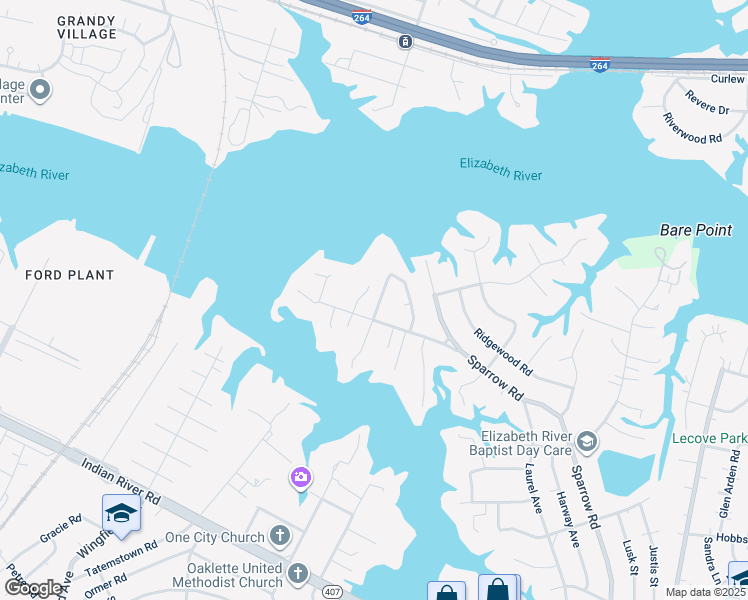 map of restaurants, bars, coffee shops, grocery stores, and more near 113 Fleetwood Road in Chesapeake